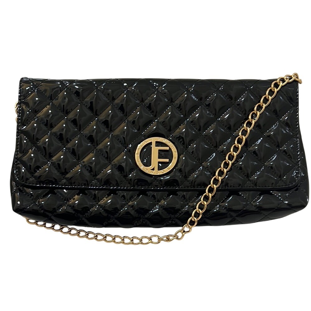 Jack French London Clutch‎ Bag Women OS Black Quilted Patent Leather Gold Chain